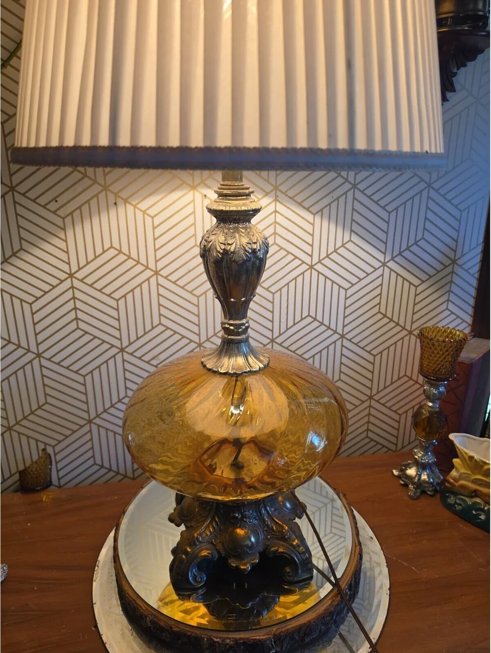 Vintage Midcentury Hollywood Regency Amber Glass Optic Swirl Globe Table Lamp